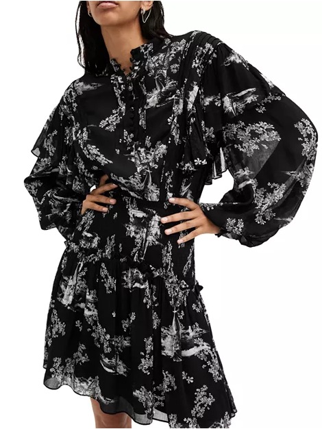 All Saints Black & White Floral Ruffle Mini Dress
